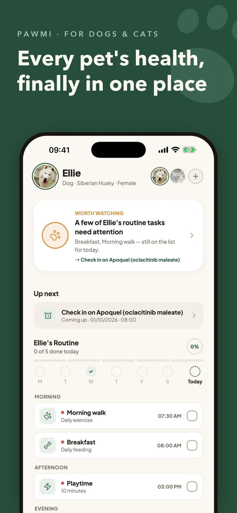 Pawmi on iPhone: Home with the pet's daily routine and the next medication check-in