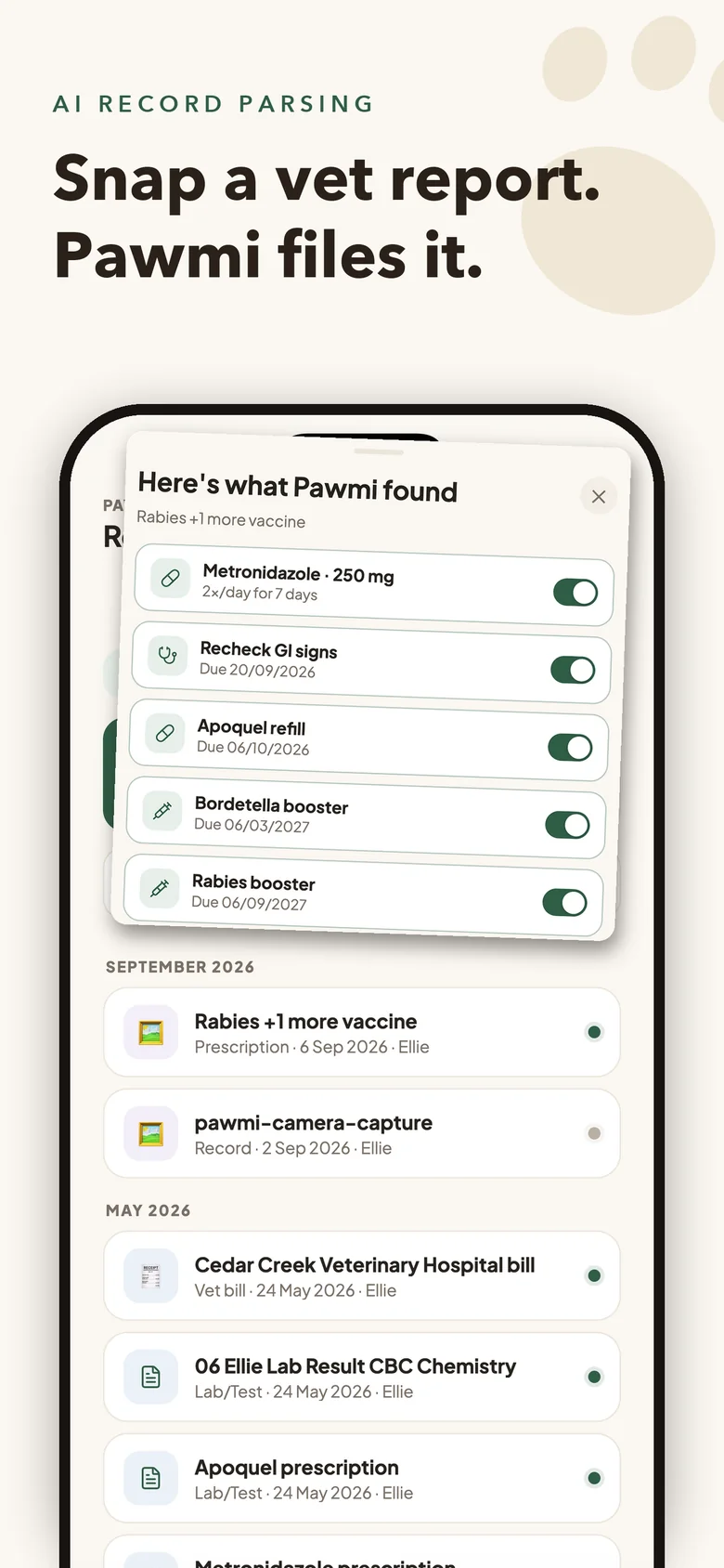 Pawmi on iPhone: medications and follow-ups read from a vet report, each with a switch to save as a reminder