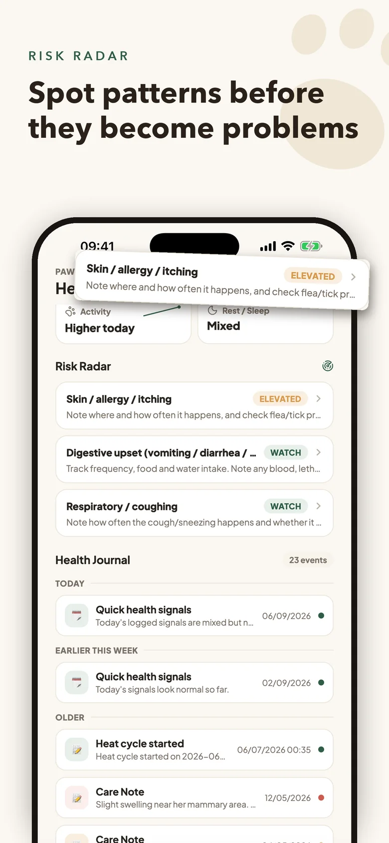 Pawmi on iPhone: Risk Radar showing health patterns with the dated evidence from the pet's own logs