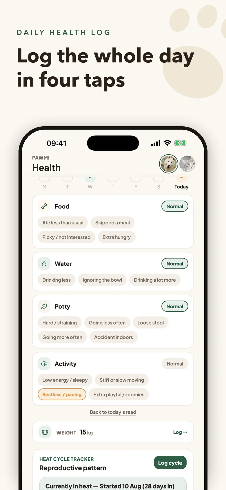 Pawmi on iPhone: Health tab daily check-in for food, water, potty, and activity