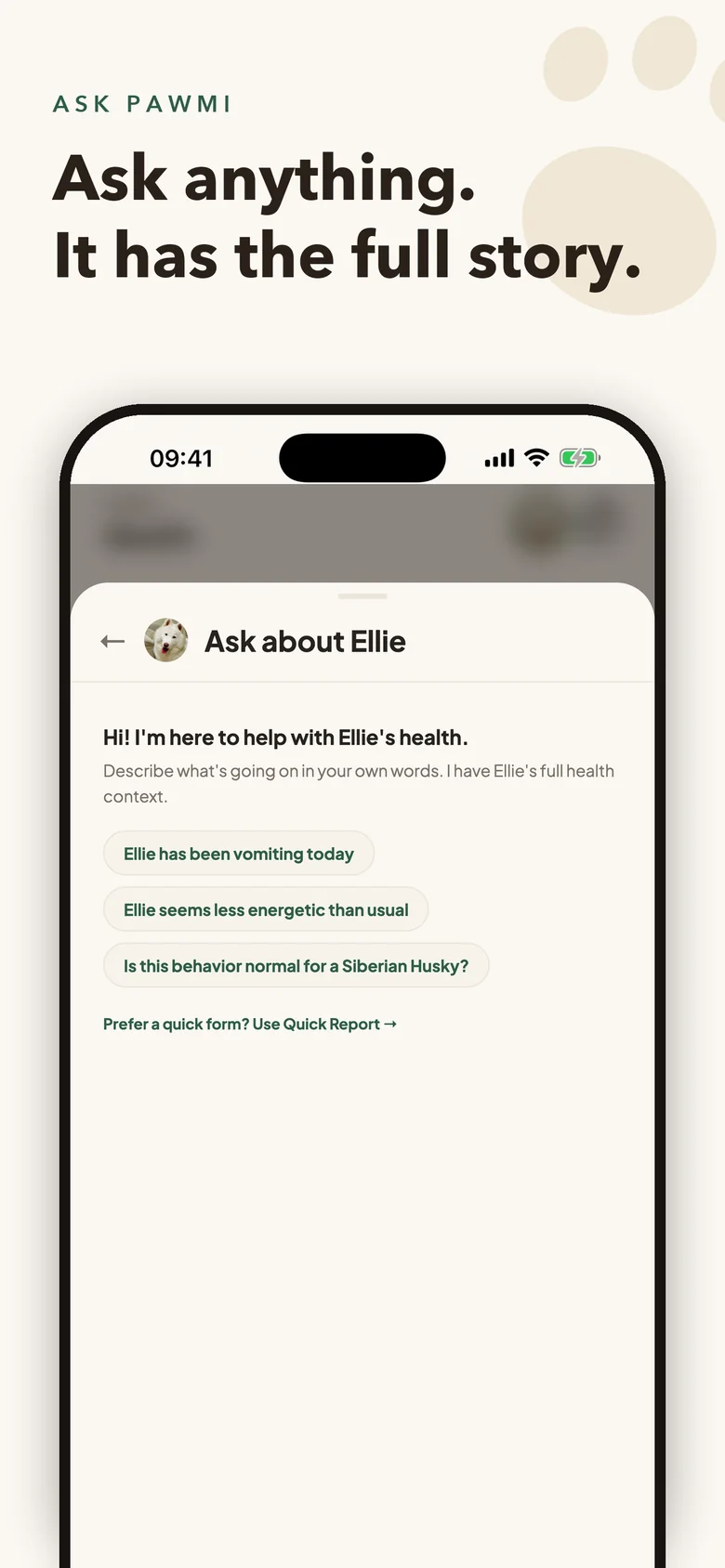 Pawmi on iPhone: Ask Pawmi answering a care question from the pet's own records