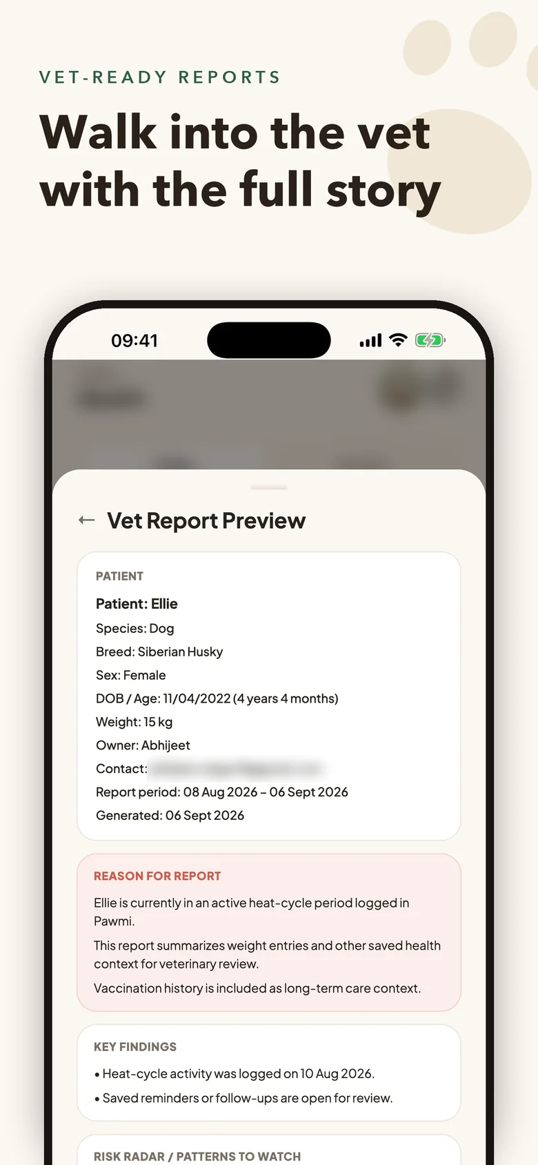 Pawmi on iPhone: Vet Report preview for appointment preparation