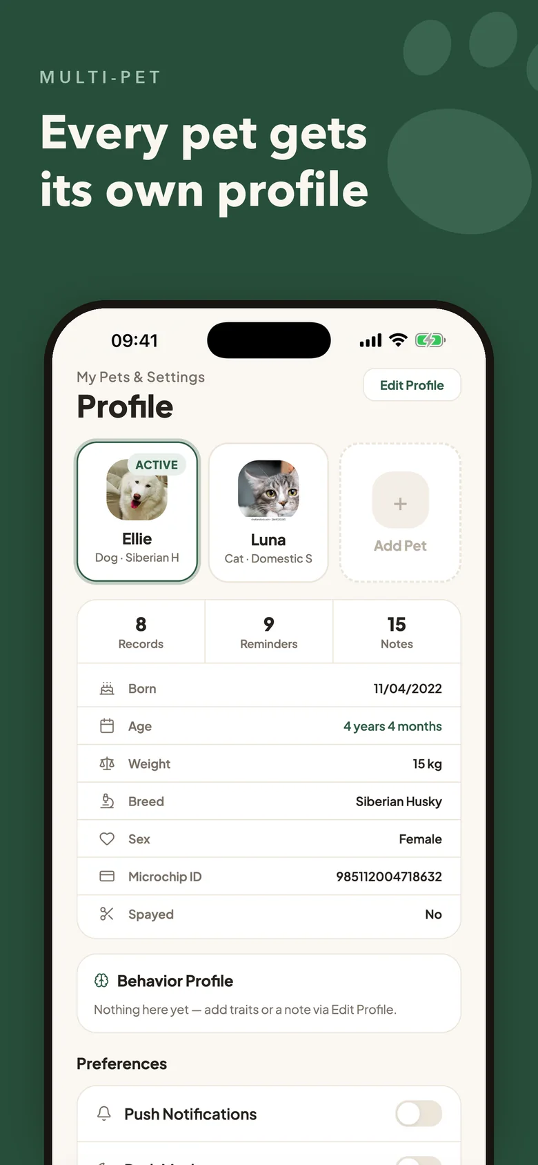 Pawmi on iPhone: a dog and a cat profile, each with its own records and reminders