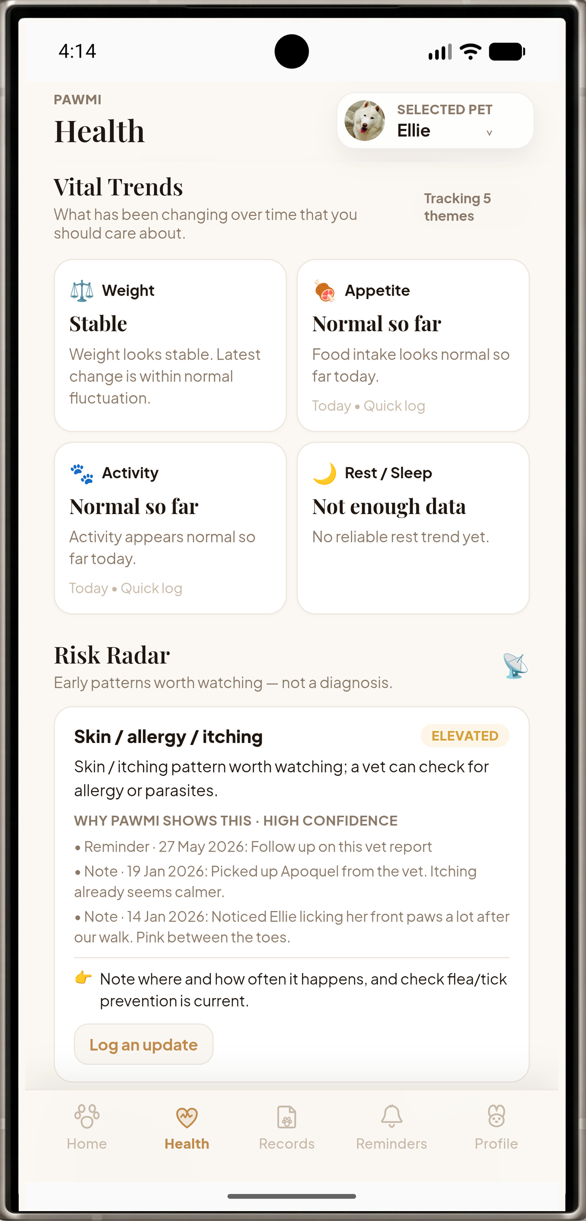 Pawmi evidence screen showing health context from saved notes and records
