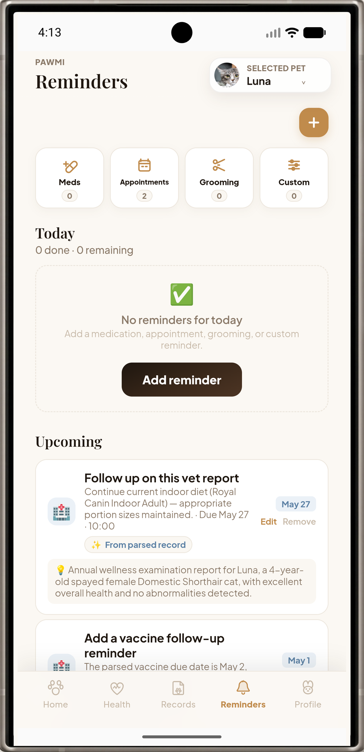 Pawmi reminders screen showing follow-up tasks from records