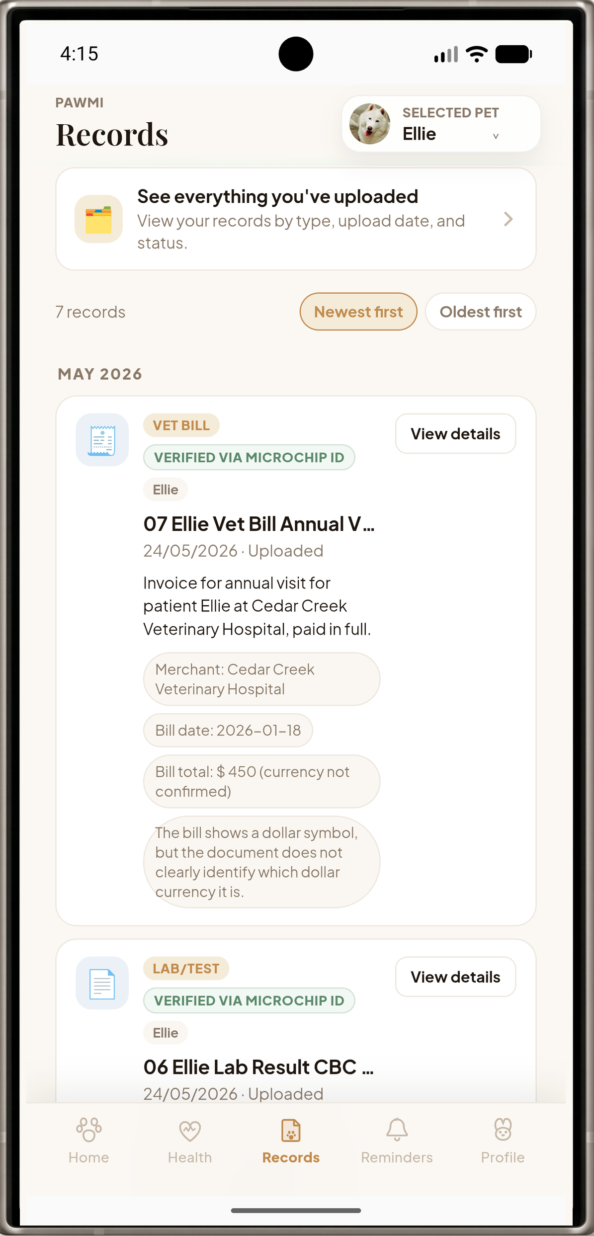 Pawmi records screen showing saved pet records for vet visits