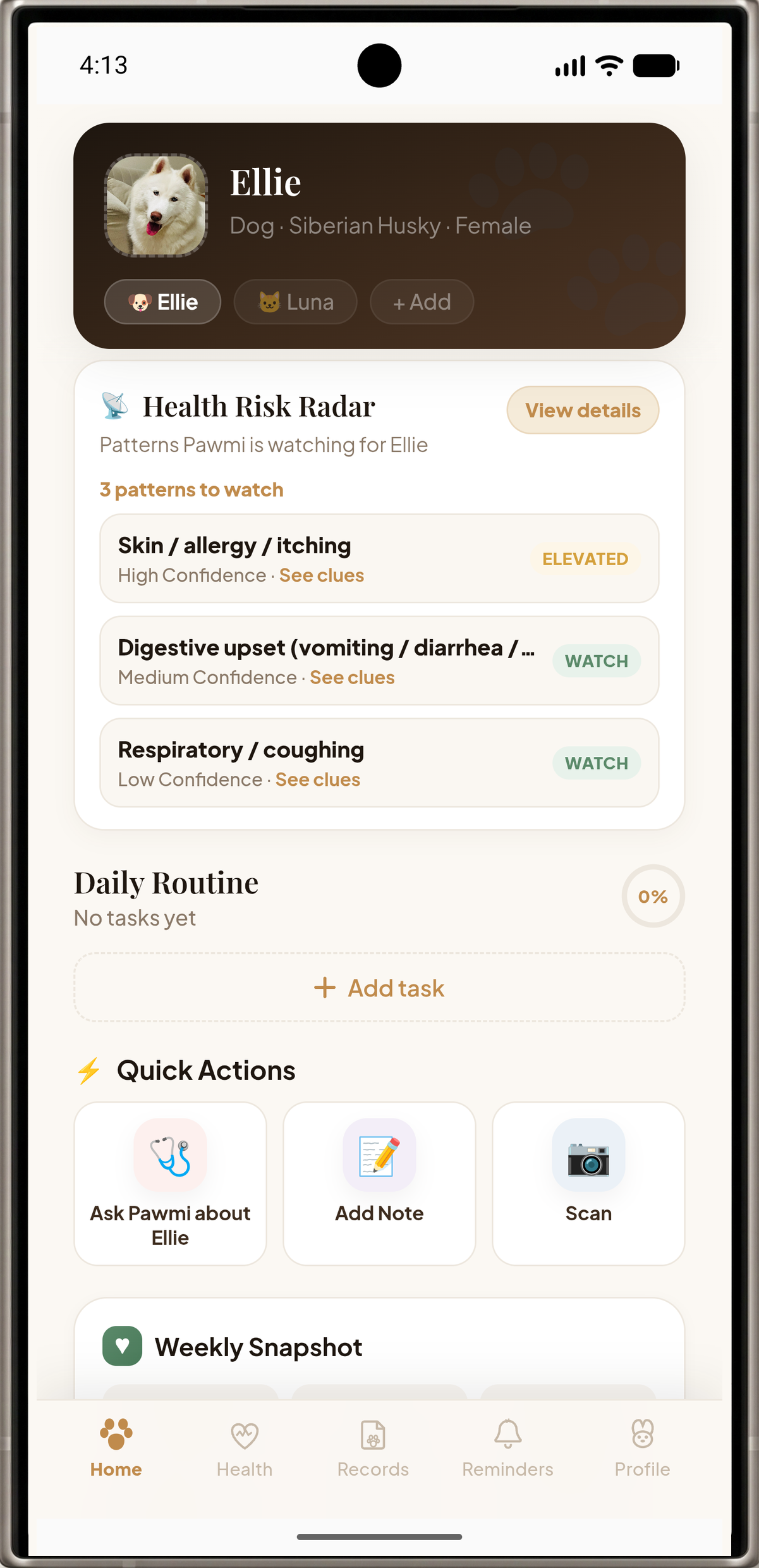 Pawmi care focus screen showing health context connected to notes and reminders