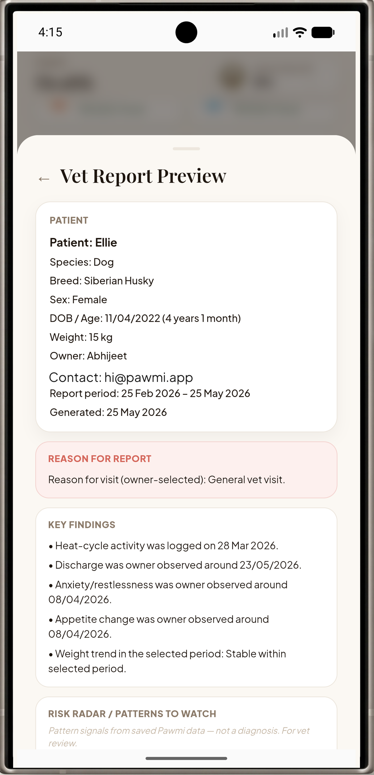 Pawmi vet report preview for appointment preparation